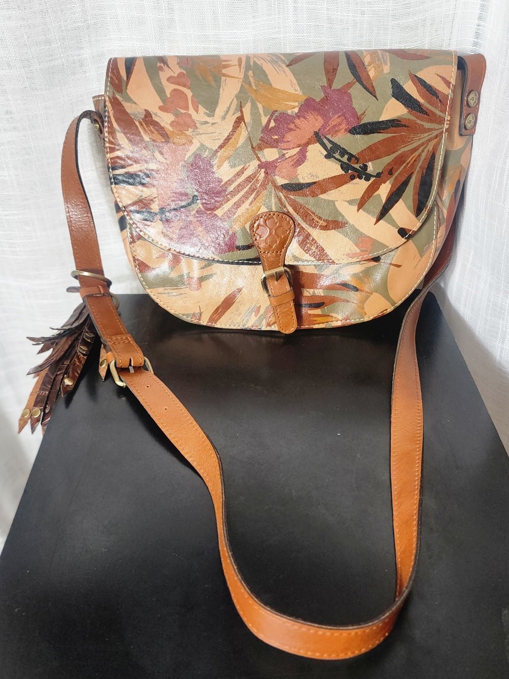 Patricia Nash Tan Leather Crossbody with Multicolor Tropical Print